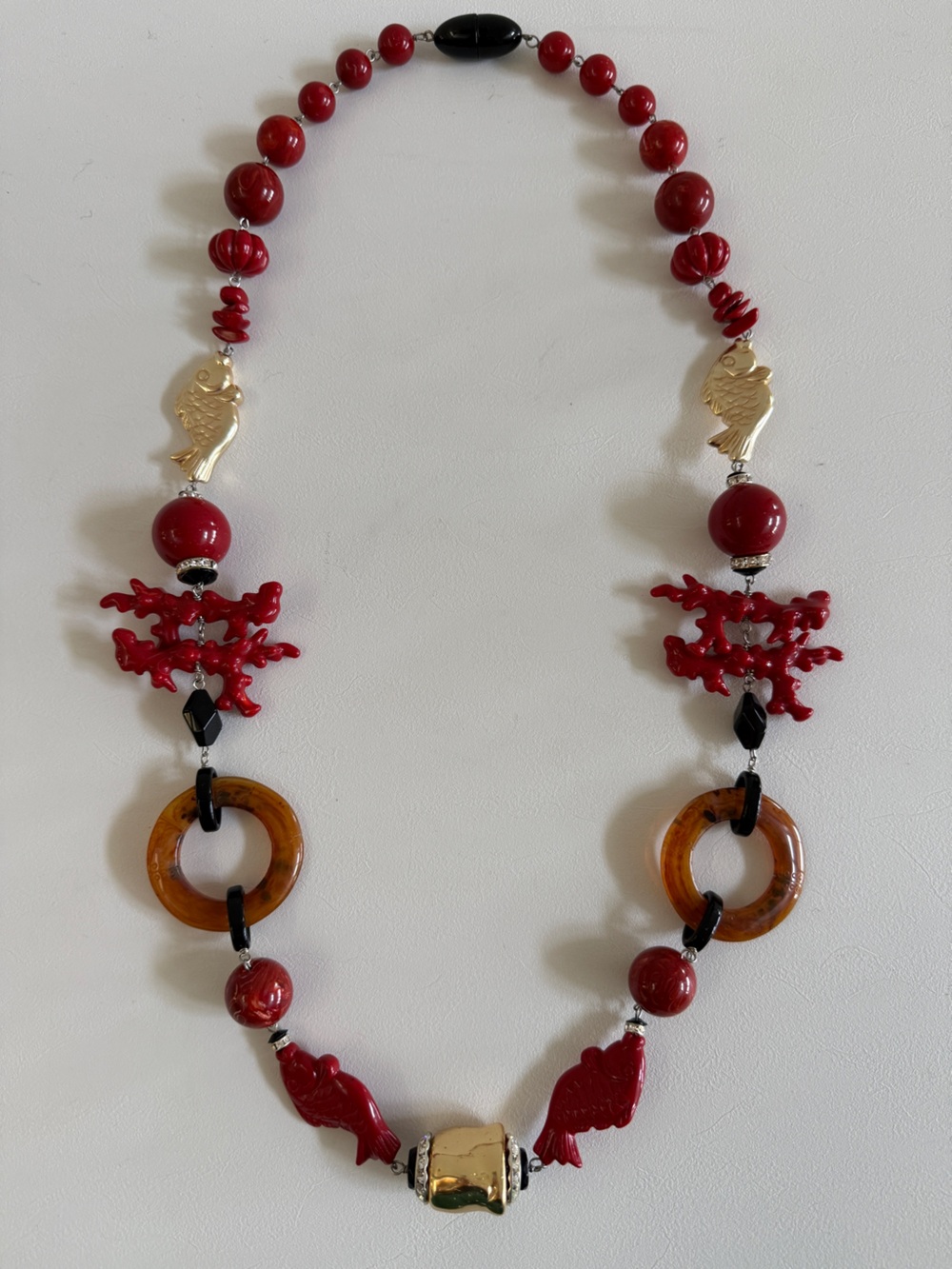 ANGELA CAPUTI Multicolor Long Beaded Resin Coral  Fish Rhinestone Necklace